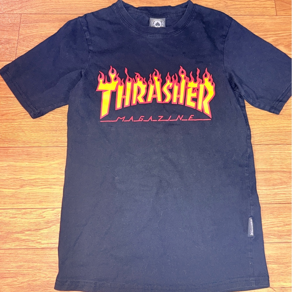 Thrasher Black T-Shirt with Red and Yellow Flame Logo